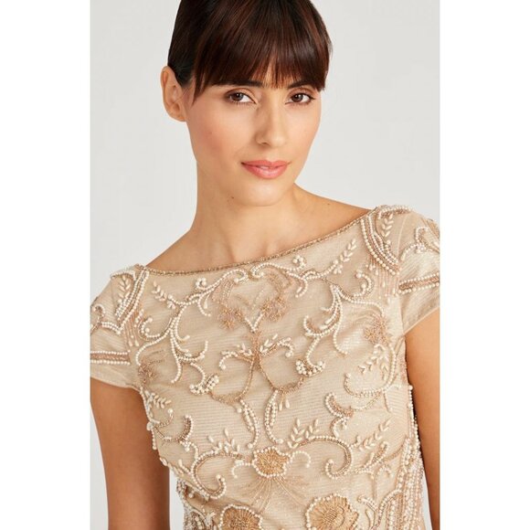 Theia Silvia Bateau Beaded Midi Dress Tan Metallic Sample Size 0  $845 [jb] - Picture 5 of 12